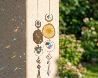 Zon en maan kristal hangend decor, kristallen suncatcher muurdecor, hemelse muur decor, maan zon hangend decor, woondecoratie, cadeau voor haar