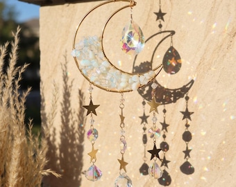 Maankristal suncatcher hangend decor, kristallen suncatcher raam hangend, zon en maan hangend decor, prismabel maanvanger, wanddecoratie cadeau