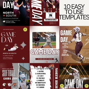 May include: A collage of softball game day templates in maroon and white. The designs include game details, team logos, and player action shots. Text includes "Game Day," "North vs South," and team names.