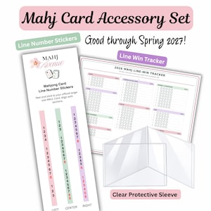 May include: A Mahj Card Accessory Set including a sheet of Mahjong Card Line Number Stickers, a 2026 Mahj Line-Win Tracker score sheet, and a clear protective sleeve. The items feature pink, green, and purple accents with printed text.