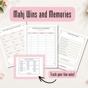 Könnte beinhalten: Ein Set aus gedruckten Mahjong-Tracking-Blättern mit dem Text Mahj Wins and Memories, My Mahj Year at a Glance, Mahj Wins & Memories und Mahj Milestones. Die Seiten enthalten Tabellen und Checklisten mit rosa Akzenten zur Erfassung von Spieldaten.