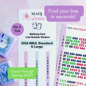 May include: A Mahj Avenue Mahjong card line number sticker sheet for 2026 NMJL Standard and Large cards. The sheet features text including Find your line in seconds, Peel & Stick, and Good through Spring 2027, alongside numbered columns.