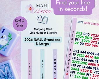 May include: Mahjong card line number stickers for 2026 NMJL standard and large cards. The white sticker sheet features columns of numbers in pink, blue, and purple, with text reading Mahj Avenue, Peel & Stick, and Find your line in seconds!