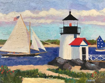 Friendship Sloop Sails by Brandt Point Lighthouse Nantucket