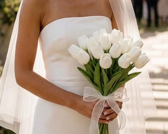White Tulip Bridal Bouquet, Real Touch Wedding Flowers, Bridesmaid Arrangement, Rustic Ceremony Accessory