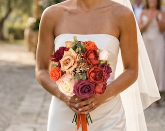 Terracotta Bridal Bouquet, Burgundy Wedding Flowers, Artificial Rose Bouquet, Fall Bride Bouquet, Boho Wedding Decor