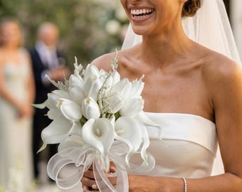White Calla Lily Bridal Bouquet, Faux Tulip Wedding Flowers, Organza Bow, Garden Ceremony Keepsake