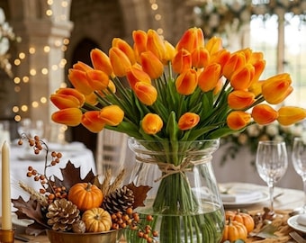 Orange Real Touch Tulip Bouquet, Set of 10 Stems, Artificial Spring Wedding Flowers, Faux Table Centerpiece Decor, Tulip Arrangement