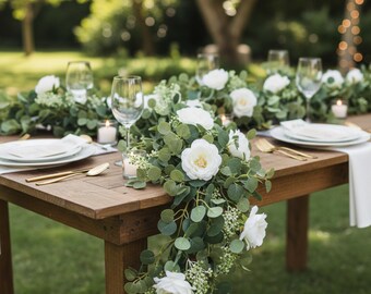 Faux Eucalyptus Garland | Artificial Eucalyptus Vine with White Flowers | Wedding Arch Greenery | DIY Garland | Faux Vines Wedding Decor