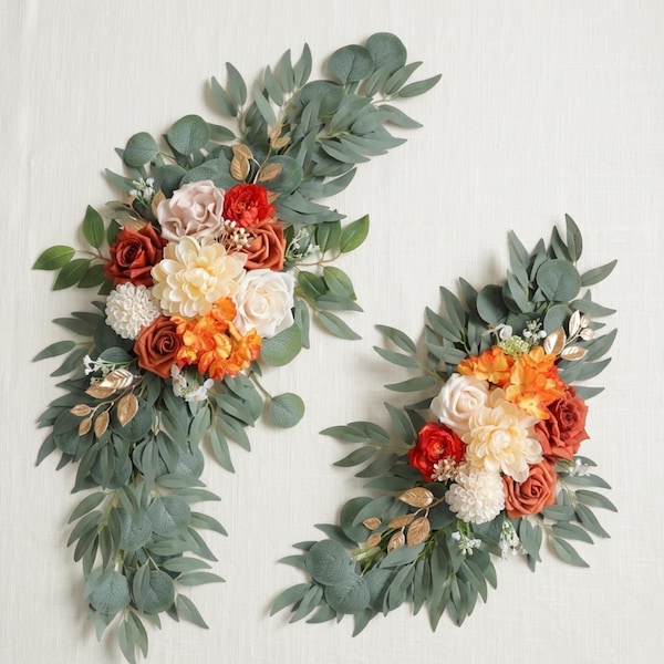 Terracotta Wedding Arch Flowers, Corner Swag Arrangement, Eucalyptus Arbor Flowers, Fall Ceremony Decor