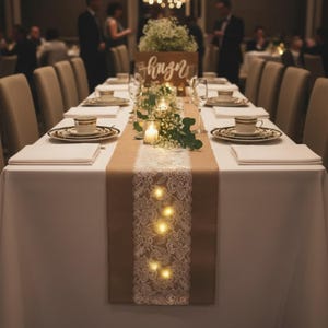 May include: A long, rectangular table set for a formal event. The table is covered with a white tablecloth and a burlap runner with a white lace overlay. Small lights are embedded in the runner. The table is set with china, silverware, and glassware.