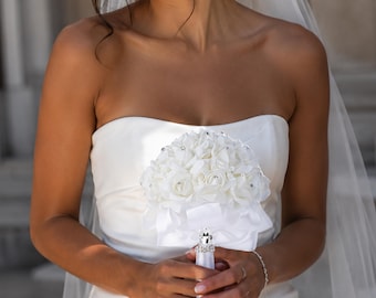White Bridal Bouquet Set of 2, Foam Rose Wedding Bouquet with Rhinestones, Satin Ribbon Bouquet for Bride, Toss Bouquet