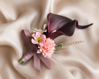 Burgundy Calla Lily Boutonniere, Blush Pink Wedding Buttonhole, Groom Prom Corsage, Rustic Fall Wedding Flower