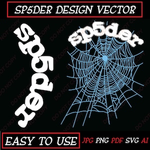 Może przedstawiać: Czarny projekt graficzny ze słowem "sp5der" w kolorze białym i jasnoniebieską pajęczyną. Tekst "SP5DER DESIGN VECTOR" znajduje się u góry, a "EASY TO USE" z opcjami typu pliku na dole.