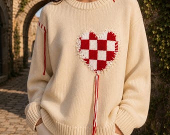 Checkered Heart Sweater Oversized Knit Pullover, Chunky Cozy Jumper, Aesthetic Streetwear Sweater, Gift for Her, Heart Knit