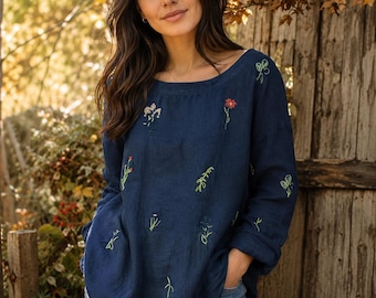 Women's Embroidered Linen Blouse, Loose Fit Floral Top, Long Sleeve Casual Shirt, Boho Cottagecore Tunic, Relaxed Everyday Top