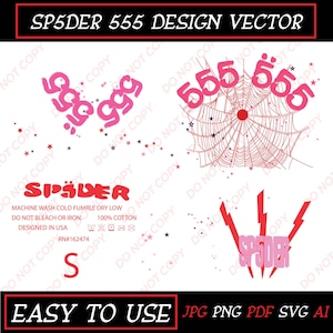 May include: A vector design featuring the text "SP5DER 555 DESIGN VECTOR". The design includes pink spider web and lightning bolt graphics, along with the word "SPIDER" and the number "555". The image also contains care instructions.
