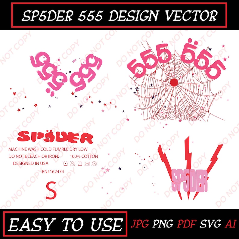 May include: A vector design featuring the text "SP5DER 555 DESIGN VECTOR". The design includes pink spider web and lightning bolt graphics, along with the word "SPIDER" and the number "555". The image also contains care instructions.