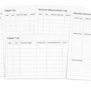 Può includere: Una raccolta di registri cartacei bianchi con linee a griglia e testo neri. I registri includono titoli come "Daily Routine Log", "Trigger Log", "Behavior Observation Log" e "Monthly Overview". I registri sono progettati per il monitoraggio e la registrazione delle informazioni.