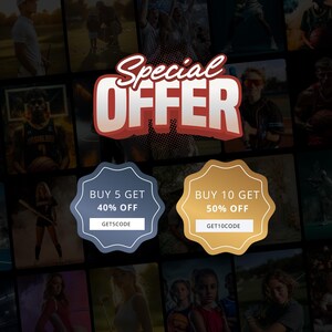 May include: A promotional graphic featuring the text Special Offer in red and white. Two scalloped badges display discount codes: a blue badge stating Buy 5 Get 40% Off with GET5CODE and a gold badge stating Buy 10 Get 50% Off with GET10CODE.