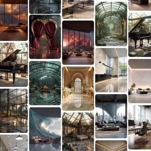 May include: A collage of interior design scenes featuring grand glass-walled rooms, ornate archways with deep red curtains, grand pianos, modern office spaces, and dramatic views of stormy skies, ocean waves, and lush indoor garden conservatories.