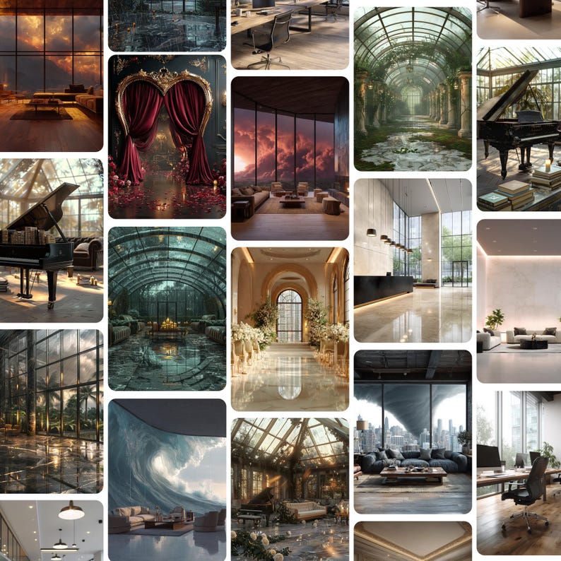 May include: A collage of interior design scenes featuring grand glass-walled rooms, ornate archways with deep red curtains, grand pianos, modern office spaces, and dramatic views of stormy skies, ocean waves, and lush indoor garden conservatories.