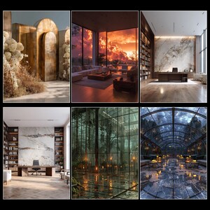 May include: A collage of six interior and exterior architectural scenes featuring gold arched structures, a sunset living room, two marble-walled offices, a glass-enclosed indoor garden, and a dark, candlelit room with a glass vaulted ceiling.