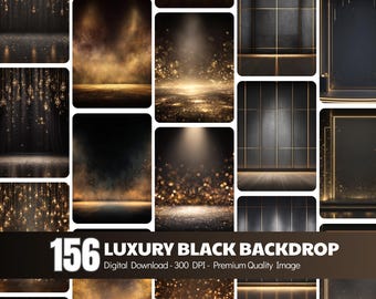 156 Luxus Backdrop: Black Gold Vorhänge, Ballons, Kappen (Digitaler Download)