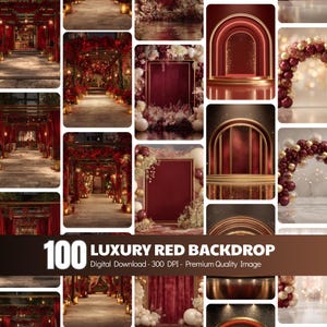May include: A collage of images featuring red backdrops. The images include a pathway with red floral arrangements, a red stage, and a red frame with floral and balloon decorations. Text reads "100 LUXURY RED BACKDROP".