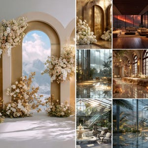 May include: A collage of interior and exterior architectural scenes featuring arched doorways, large glass windows, floral arrangements with white and cream roses, a fountain in a glass conservatory, and a living room overlooking a mountain landscape.