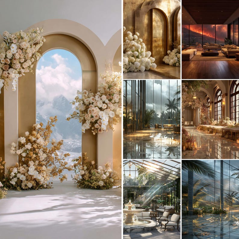 May include: A collage of interior and exterior architectural scenes featuring arched doorways, large glass windows, floral arrangements with white and cream roses, a fountain in a glass conservatory, and a living room overlooking a mountain landscape.