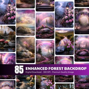 May include: A set of 85 enhanced forest backdrops, each depicting a unique, tranquil scene. The images display vivid colours, including pinks, purples, and greens, with features such as rainbows, flowers, and pathways. Text at the bottom reads "85 ENHANCED FOREST BACKDROP".