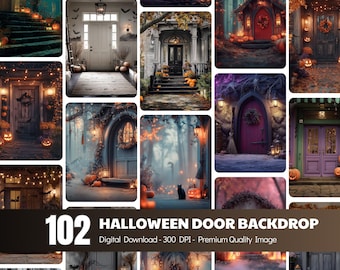 Halloween Digital Backdrop: Spooky Haunted House, Pumpkins, Ghosts (JPG Download)
