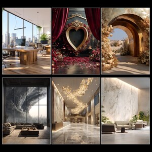 May include: A collage of six interior and exterior scenes: a modern office with city views, a heart-shaped frame with red roses and curtains, a floral archway, a living room with a storm view, a grand lobby with a chandelier, and a marble-walled lounge.