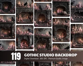 Gothic Studio Backdrop rosa Kerzen, Schädel, Raben (Digital Download)