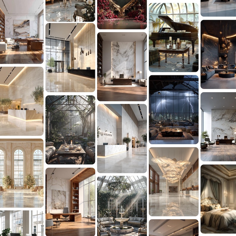 May include: A collage of interior design scenes featuring luxury lobbies, grand piano rooms, marble-walled offices, greenhouse spaces with fountains, and elegant bedrooms, all showcasing high-end architectural details and sophisticated lighting.