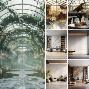May include: A collage featuring a large greenhouse with white roses and greenery, a grand piano in a sunlit conservatory, a modern office with marble accents, a minimalist wall, a contemporary living room, and a wood-paneled executive office space.