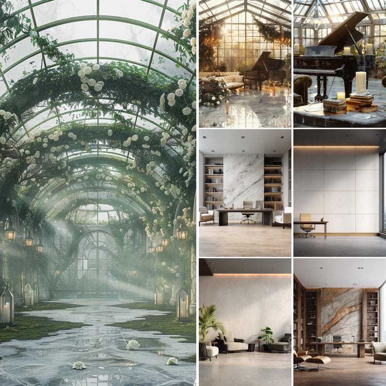 May include: A collage featuring a large greenhouse with white roses and greenery, a grand piano in a sunlit conservatory, a modern office with marble accents, a minimalist wall, a contemporary living room, and a wood-paneled executive office space.