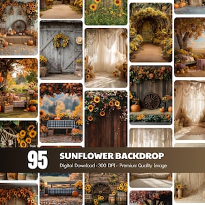 Op de afbeelding: Een collectie van 95 digitale zonnebloemachtergronden met rustieke houten deuren, herfstlandschappen, hooibalen, pompoenen, wagenwielen en macramé gordijnen, ontworpen voor fotografie en digitale beeldbewerking.