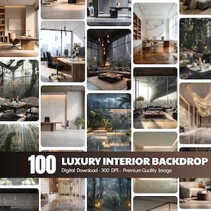May include: A digital collection of 100 luxury interior backdrops featuring diverse office spaces, living rooms, and botanical settings with varied lighting, architectural styles, and furniture arrangements, presented as a high-resolution download.