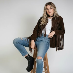 Brown Suede Fringe Jacket for Women, Western Cowboy Style Coat, Vintage Boho Tassel Jacket, Festival Outfit Outerwear