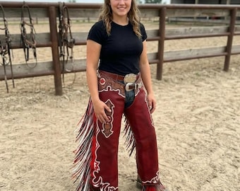 Red Leather Chaps, Women's Western Cowgirl Pants, Fringe Rodeo Riding Wear, Vintage Equestrian Outfit