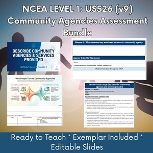 May include: Educational resources bundle for NCEA Level 1, US526 (v9) Community Agencies Assessment. The image shows a title card with the text "Describe Community Agencies & Services Provided", and other educational materials. The text "Ready to Teach * Exemplar Included * Editable Slides" is also visible.