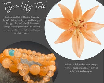 Orange Selenite and Amazonite Tiger Lily-inspired Bracelet, Gemstone Triple Bracelet, Nature Lover Gift, Calming and Balance