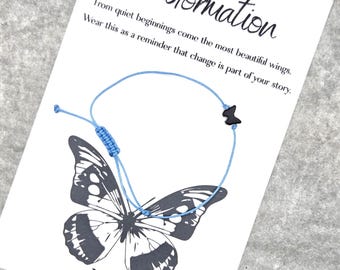 Transformation Wish Bracelet, Adjustable or tie with gold or black butterfly bead, Happy Jewelry