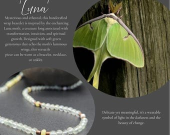 Dainty Luna Moth Wrap Bracelet – Green Gemstone Jewelry – Transformation & Renewal – Nature Lover Gift, Bracelets for Wildlife Conservation