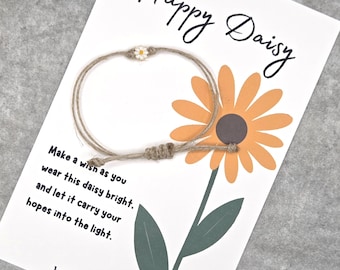 Happy Daisy Wish Bracelet, Adjustable with gold daisy bead, Happy Jewelry, Floral, Wildflower