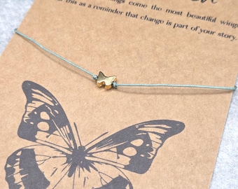 Transformation Wish Bracelet, Adjustable or tie with gold or black butterfly bead, Happy Jewelry