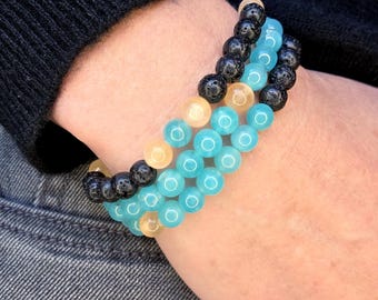 Water & Fire Bracelet Trio – Amazonite (AAA transparent) and Orange Selenite, Elemental Jewelry, Calming Amazonite, Nature Lover Gift