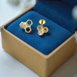 Könnte beinhalten: Ein Paar goldfarbene Ohrstecker im Wabenmuster, jeweils mit einem funkelnden, klaren Edelstein. Die Ohrringe werden in einer blau samtgefütterten Schachtel mit goldfarbener Außenseite präsentiert.